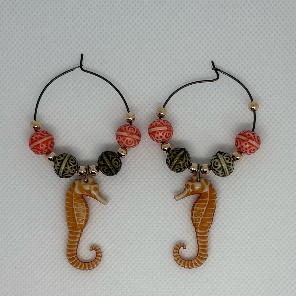 Boho Beaded Seahorse Drop Dangle Hoop Earrings